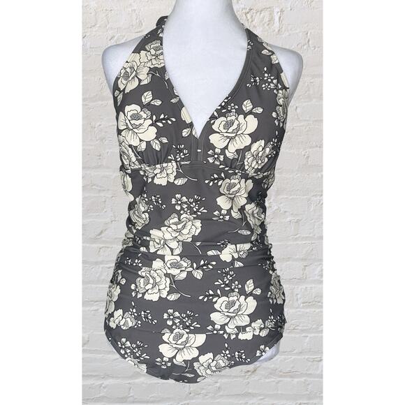 Adore Me Size 1X One piece Bathing Swim Suit Gray Floral Halter Lined Bra NWT - Picture 2 of 11